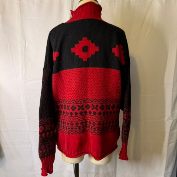 Esprit Vintage 100% Wool Turtleneck Sweater Red Black Aztec Fair Isle Knit L - Picture 3 of 6